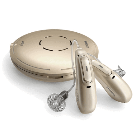 gold phonak marvel hearing aids with case