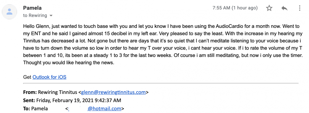 A screenshot of an email offering positive feedback after using AudioCardio.